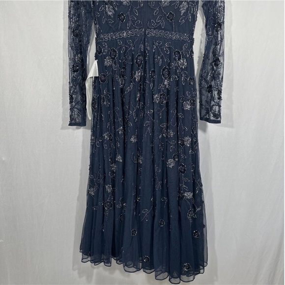 NEW $598 Mac Duggal [ 4‎ ] Beaded Floral Long Sleeve Midi Dress Navy Blue - Picture 10 of 13